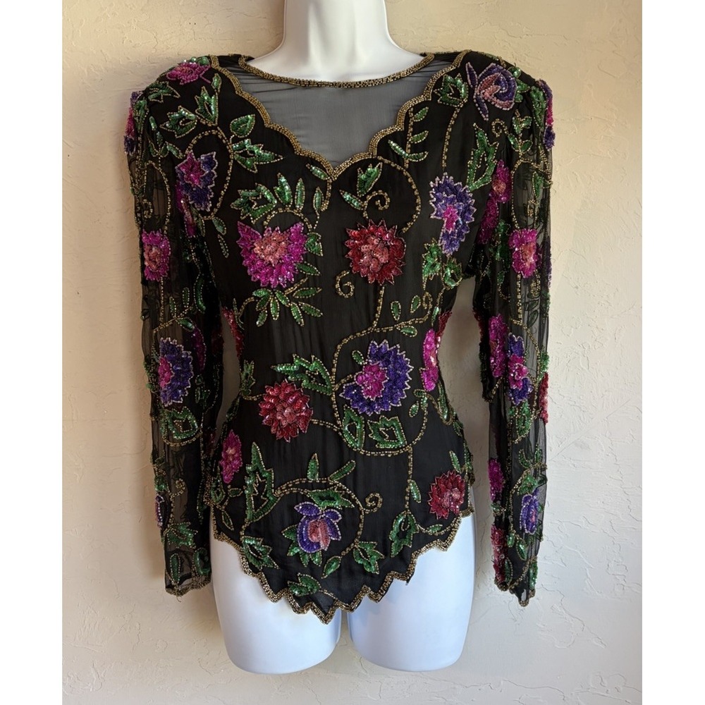 Vintage 80s Laurence Kazar 100% Silk Beaded Sequin Top L Maximalist Floral Glam